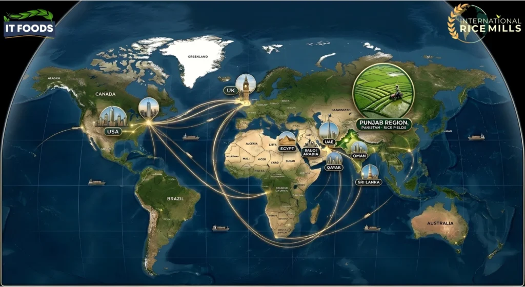 The expansive global logistics network of IT Foods, delivering premium Pakistani rice to the Middle East, Europe, and the Americas.
