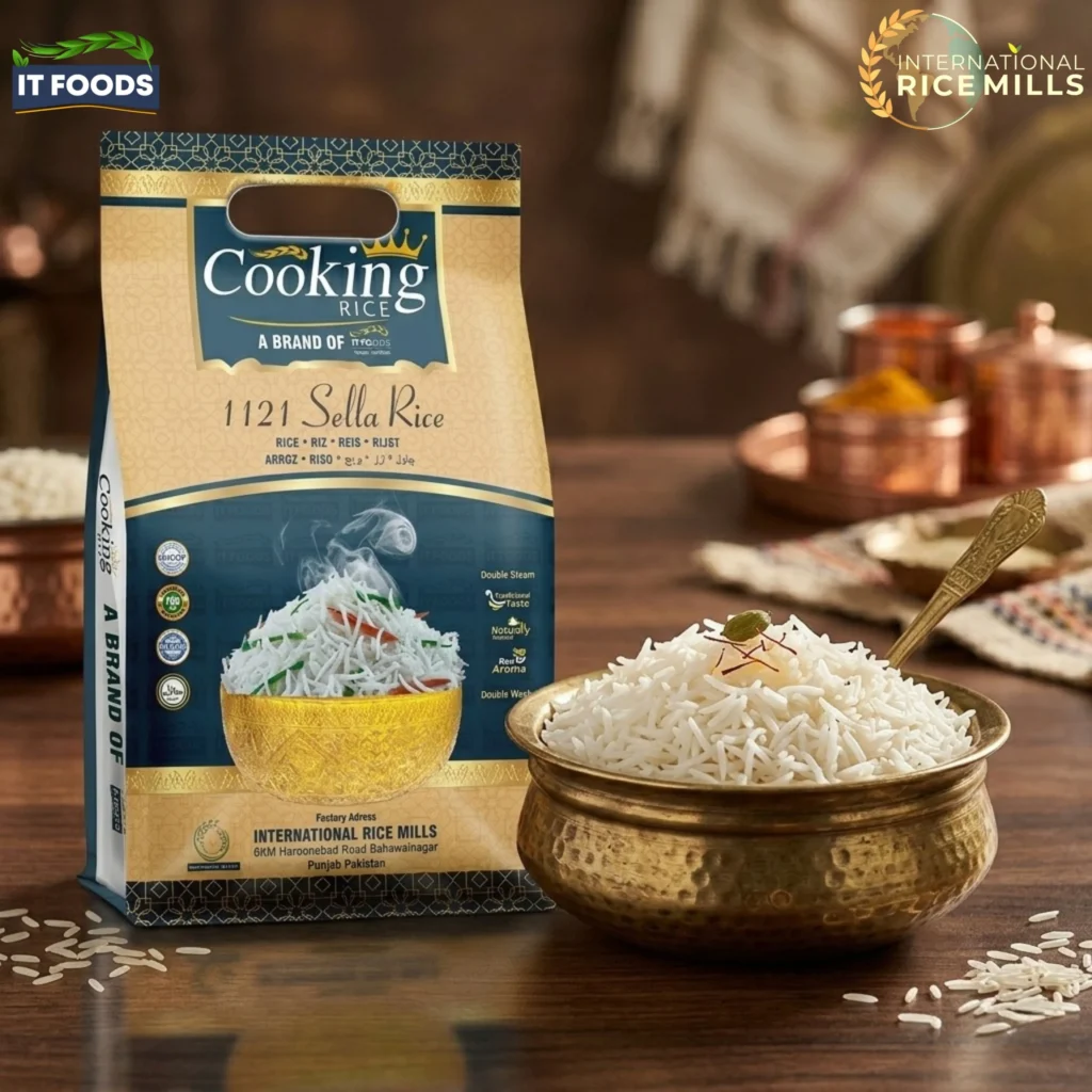 The premium 1121 Sella Cooking Rice brand exported globally by the leading certified rice exporter in Pakistan.